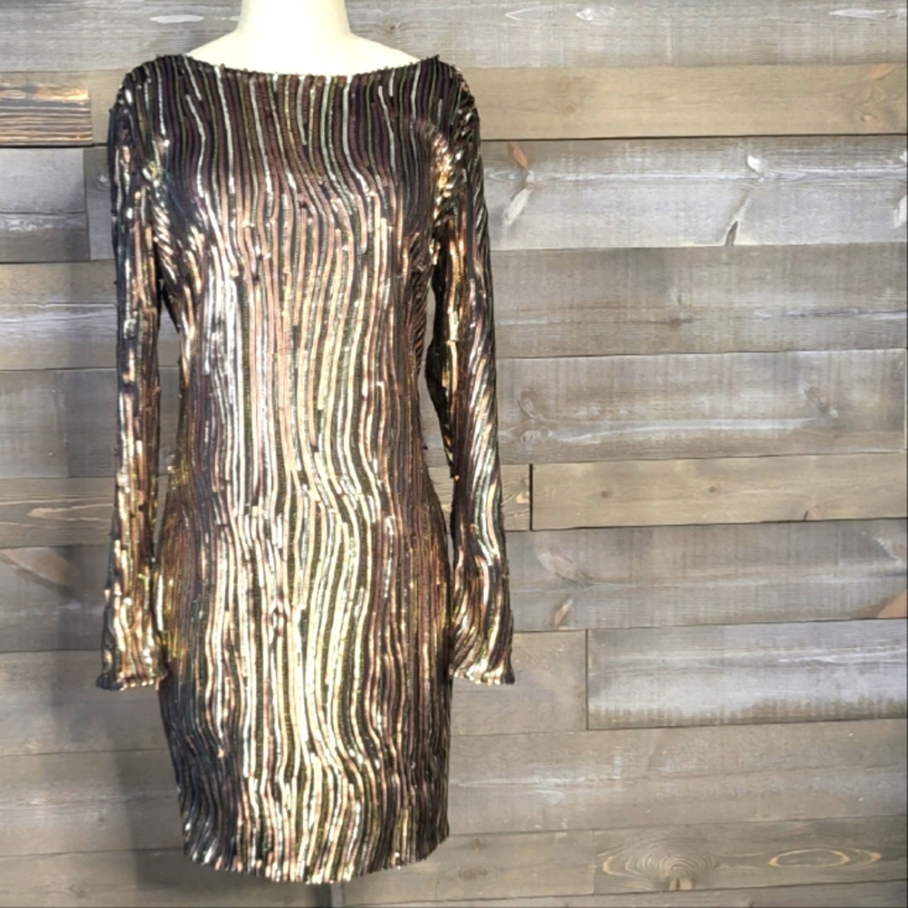 Little Mistress Long Sleeve Copper Gold Sequin Boat Neck Mini Dress